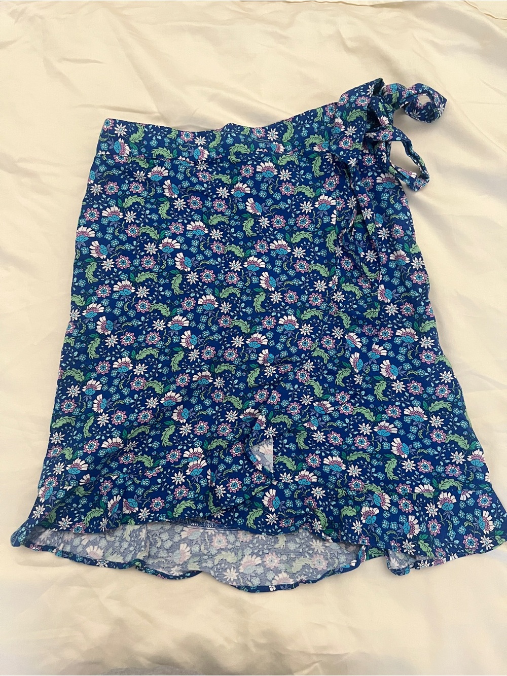 LOFT Size 0 Blue Floral Linen Blend Wrap Ruffle Mini Skirt